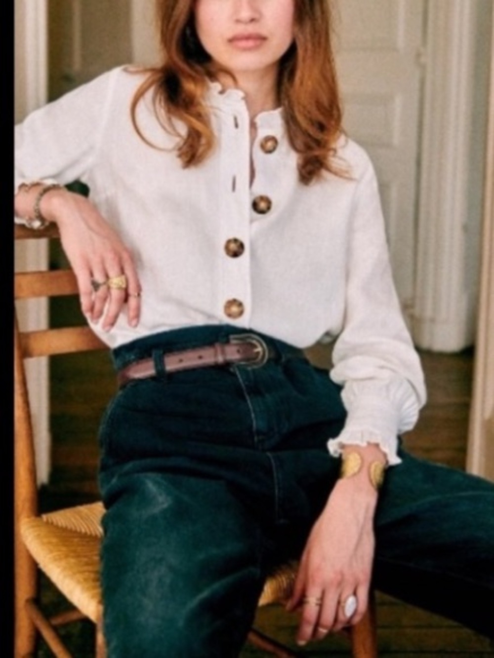 Sezane Khalie Linen Blouse Large Tortoise. Buttons. 36